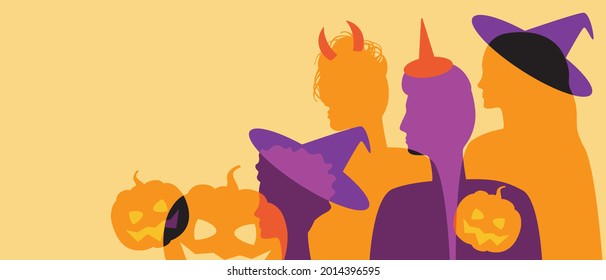 Silhouette of people at halloween party, copy space template. Silhouette branch stock illustration. Halloween pumpkin face. People in Halloween costumes, hats. Place for text. Color illustration