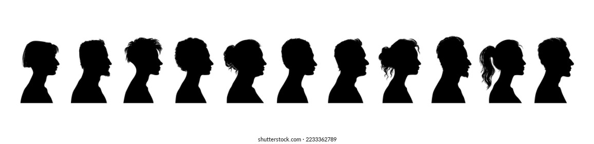 Silhouette people heads in profile. Various human heads, male and female with different hairstyles and accessories. Web avatars vector simple human characters.