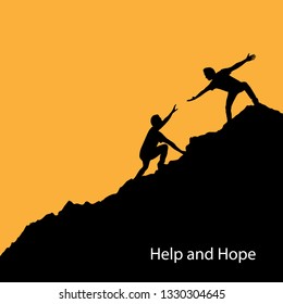 Silhouette people help each other to climb up the mountain. Help hand, hope and support concept.