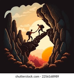 silhouette of People helping each other hike up a mountain at sunrise. Giving a helping hand, and active fit lifestyle concept. 