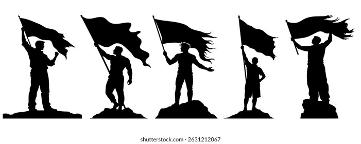 Silhouette of People Holding Flags on Mountain Peak – Victory, Achievement, Leadership Concept Illustration in Black and White

