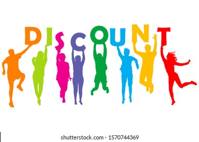 Silhouette of people holding letters with word Discount