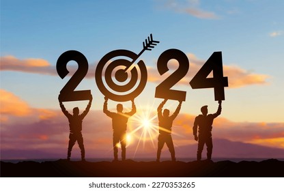 Silhouette people holding numbers 2024 with colorful dramatic sky at sunset. Hit the target. Concept for success in the future goal and passing time. Template Vector illustration.