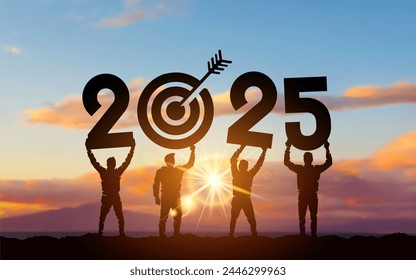 Silhouette people holding numbers 2025 with colorful dramatic sky at sunset. Hit the target. 2025 Concept for success in the future goal and passing time. Template Vector illustration.