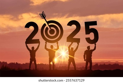 Silhouette people holding numbers 2025 with colorful dramatic sky at sunset. Hit the target. Concept for success in the future goal and passing time. Template Vector illustration.