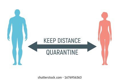 Silhouette people, human stand, coronavirus social distancing, flat vector illustration. Design for quarantine banner, public poster, text quote, keep distance, world dangerous.