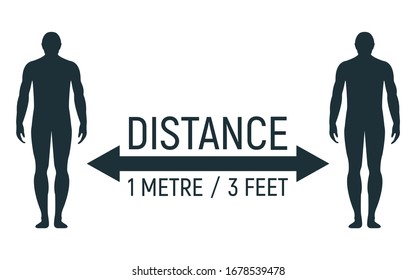 Silhouette people, human stand, coronavirus social distancing, black flat vector illustration. Design for quarantine banner, public poster, text quote, keep distance 1 metre, 3 foot, world dangerous.