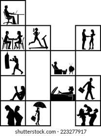 Silhouette of people inside blocks on different activities