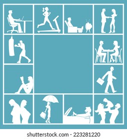 Silhouette of people inside blocks on different activities