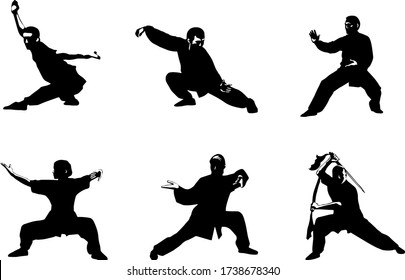 Silhouette of people isolated on white background. Set Wushu, kung fu, Taekwondo, Aikido. Sports positions. Design elements and icons. Vector illustration.