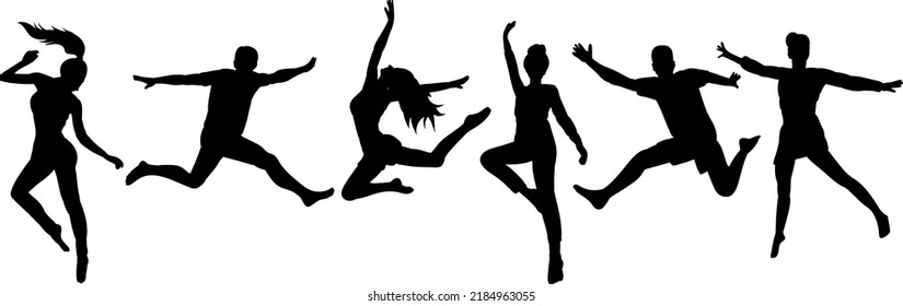 silhouette people jumping black on white background isolated, vector