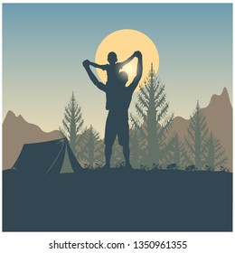 Silhouette of people, mountains, hills and forest on the sun and sky background. Wanderlust and camping. Concept adventure landscape. Spring trip. Summer travel. Nature, tent and sunrise.