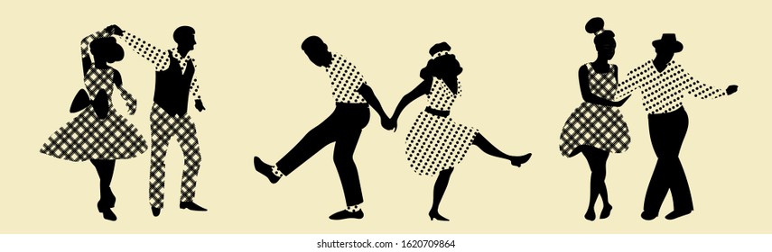 Silhouette of People on retro party dancing swing lindy hop and charlstone in couple. Vector set of old fashioned  people. 