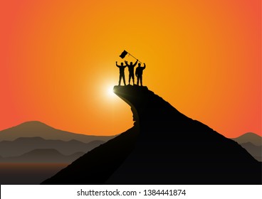 Silhouette of people on top of mountain with cheerful on golden sunrise background, success, achievement and winning concept vector illustration