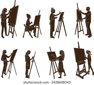 silhouette people painting at an easel, artists set on a white background vector