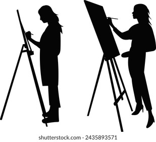 silhouette people painting at an easel on a white background vector