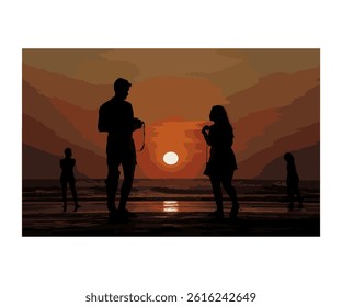 A silhouette of a people person walking along the beach in Bali during a golden sunset, vector design for commercial needs or other projects