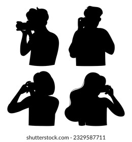 Silhouette people with photo camera. A woman and a man are taking a photo. World photography day 
