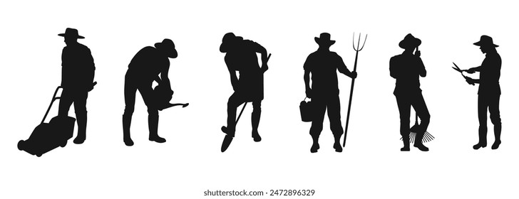 Silhouette of people planting outdoor nature. Digging hole, watering plant, pushing wheelbarrow, gardening activities silhouettes images set.