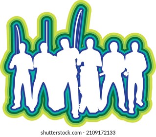 silhouette of people playing capoeira music. Capoeira bateria with berimbau, atabaque, agogo, pandeiro. Vector illustration sticker for banners, web design, posters, events.