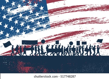 Silhouette of people protesting with Flag of the United States 