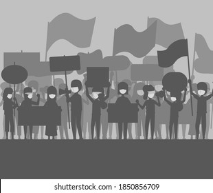 Silhouette con gente protestando. Manifestantes con las manos sosteniendo altavoces, pancartas y banderas con máscara. La ilustración golpea la protesta política y la manifestación.
