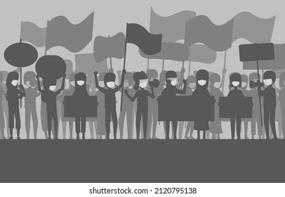 Silhouette people with protesting. Protesters hands holding loudspeaker, banner and flag with mask. Illustration strike political protest and demonstration. Vector illustration Eps10.