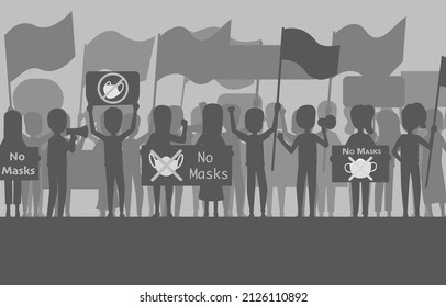 Silhouette People With Protesting. Protesters Hands Holding Loudspeaker, Banner And Flag With No Wear Mask. Protest No Mask On Covid 19 Situation. Vector Illustration Eps10