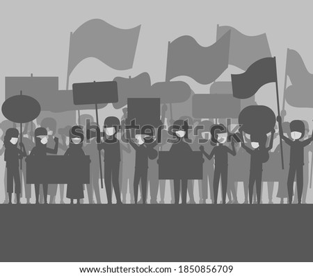 Silhouette people with protesting. Protesters hands holding loudspeaker, banner and flag with mask. Illustration strike political protest and demonstration.