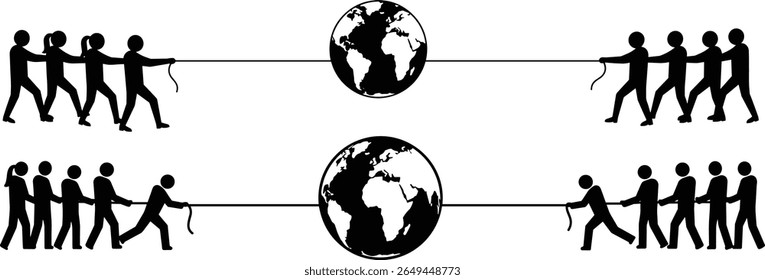 Silhouette of people pulling rope around Earth – minimal vector illustration showing teamwork, unity, global effort – black flat graphic symbol of cooperation, isolated on white

