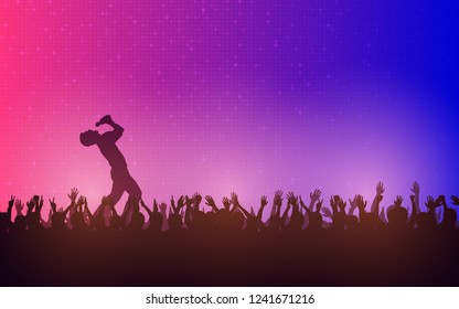 silhouette of people raise hand up in concert with singer on stage and digital dot pattern on blue pink color background