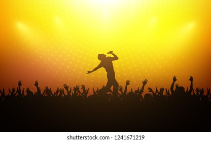 silhouette of people raise hand up in concert with singer on stage and digital dot pattern on yellow orange color background