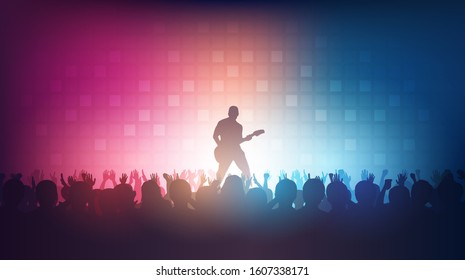 Silhouette of people raise hand up in concert with rock star playing guitar on stage and digital pattern on blue pink color background