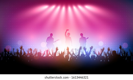 Silhouette of people raise hand up in concert with rock star band playing guitar on stage and digital pattern on blue pink color background