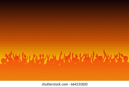 silhouette of people raise hand up in concert with digital dot pattern on orange color background