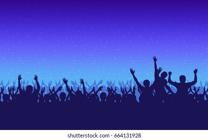 silhouette of people raise hand up in concert with digital dot pattern on blue color background