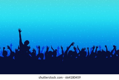 silhouette of people raise hand up in concert with digital dot pattern on blue color background