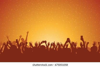 silhouette of people raise hand up in concert with smartphone and digital dot pattern on orange color background