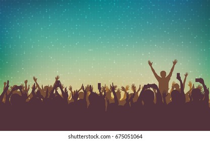 silhouette of people raise hand up in concert with smartphone and digital dot pattern on vintage color background