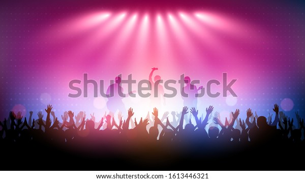 Silhouette of people raise hand up in concert\
with rock star band playing guitar on stage and digital pattern on\
blue pink color\
background