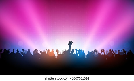 Silhouette of people raise hand up in music concert with red and blue color spotlight on stage background