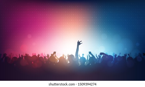 Silhouette of people raise hand up in rock concert with lens flare on red and blue color background