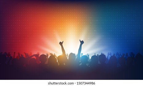 Silhouette of people raise hands up in concert and digital dot pattern. on red and blue color background