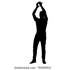 Silhouette of People with a raised hand on White Background.