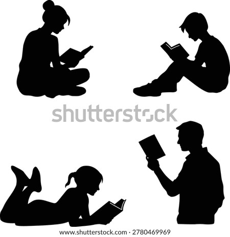 Silhouette of people reading book in vector isolated style illustration. Collection of person reading book hand drawn clip art for education, asset, design, material