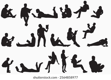 silhouette of people reading books. Sitting, lying and standing with books. 