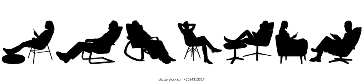 silhouette of people relaxing and resting on chair, hammock, reading and sleeping.  People relaxing time. 

