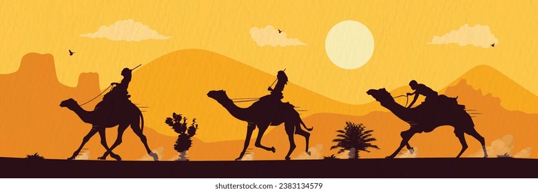 Silhouette of people riding on camels and racing in the desert.