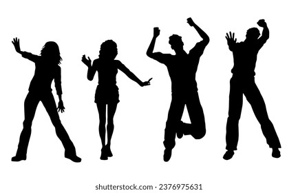 Silhouette of people rise hands and jump in celebrating pose.