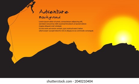 silhouette of people rock climbing at sunset, adventure background